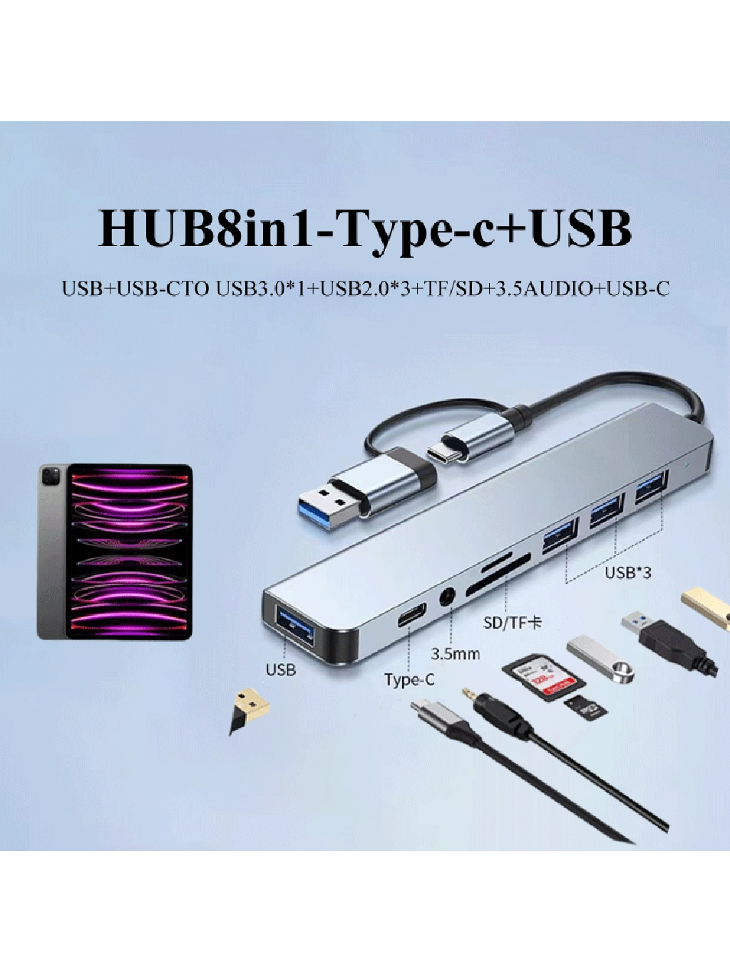 USB C Hub USB Hub 3.0, VIENON Aluminum 8 In 1 USB Splitter With 1 X USB 3.0, 3 X USB 2.0 And 1 X USB C, SD/TF Card Reader, 3.5mm Audio Aux Ports Compatible With MBook Pro Air And More PC/Laptop/Tablet