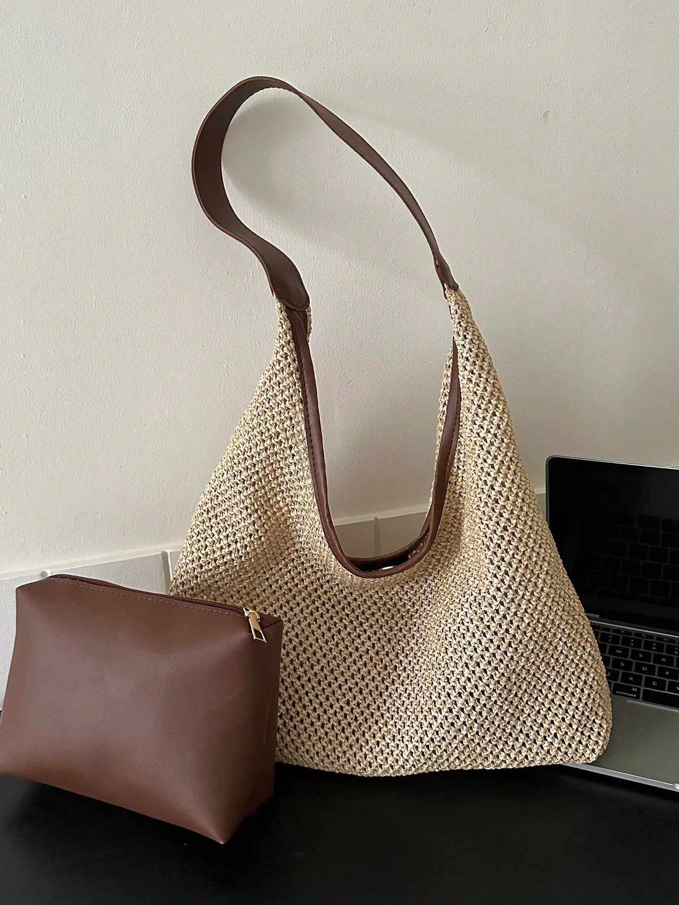 Vacation Straw Bag With Inner Pouch Contrast Binding Snap Button, Beach Purse, Perfect For Summer, Vacation & Daily Use, Travel Must Haves