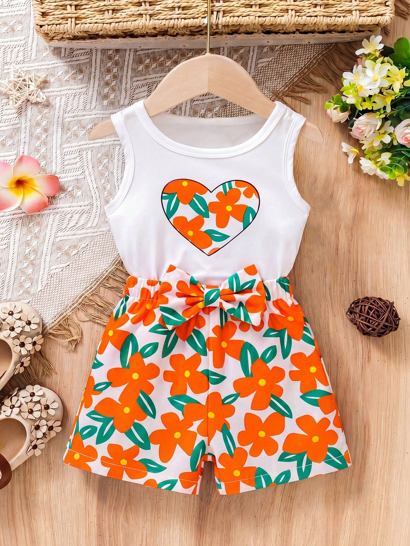 Vintaside Kids 2pcs/Set Baby Girl Heart & Floral Print Round Neck Vest And Butterfly Decor Floral Print Shorts Summer Outfit