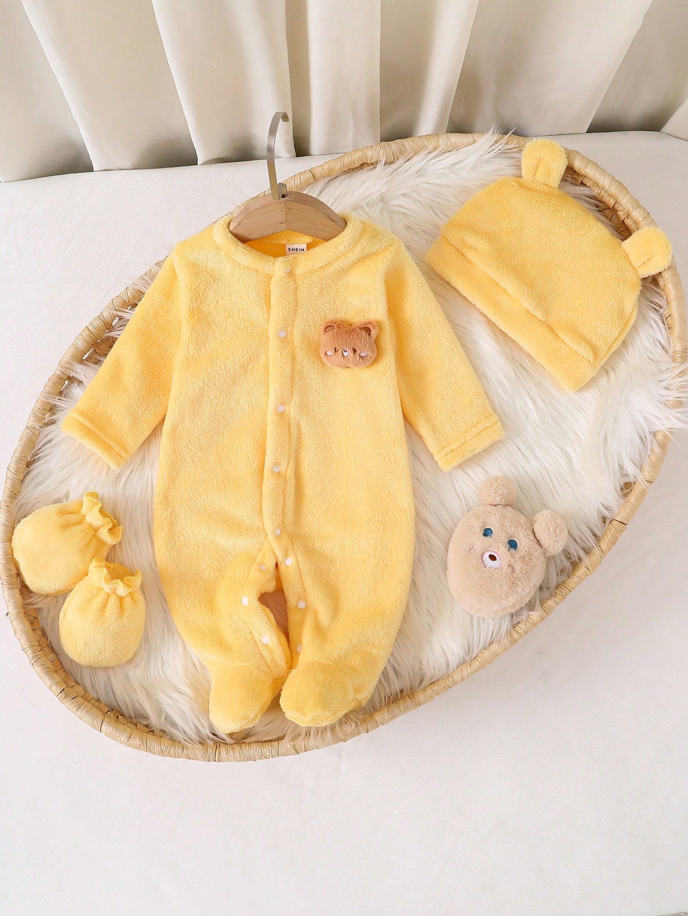Vintaside Kids Newborn Simple Solid Yellow Long Sleeve Jumpsuit With Hat And Gloves, Infant Homewear Set