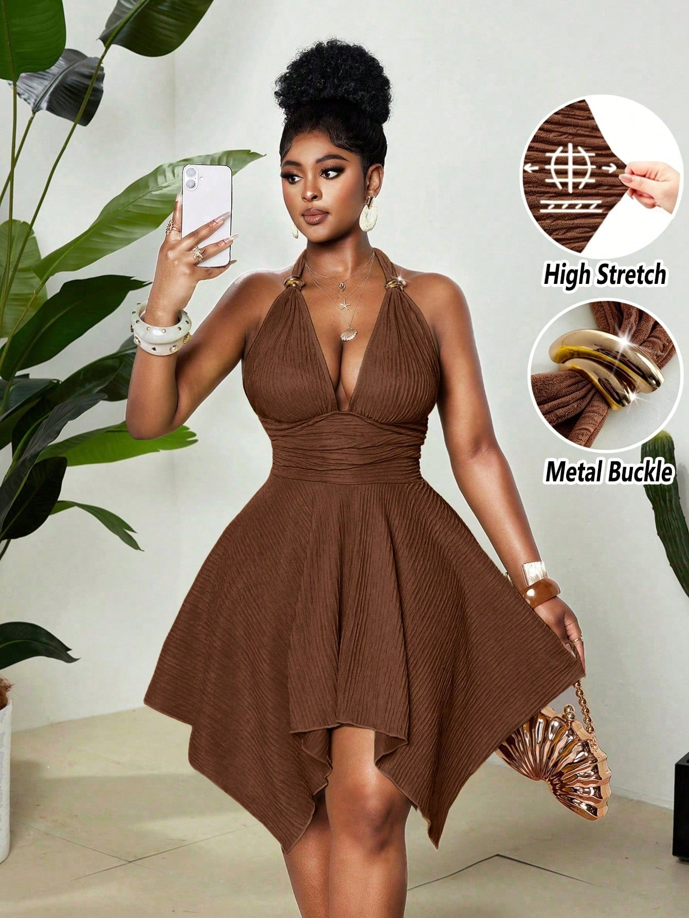 Women 70s Retro Coffee Brown Halter Neck Dress,Elegant Jacquard Knit High Stretch Backless Party Dress,Metal Decor,Asymmetric Hem,Summer Prom Outfit