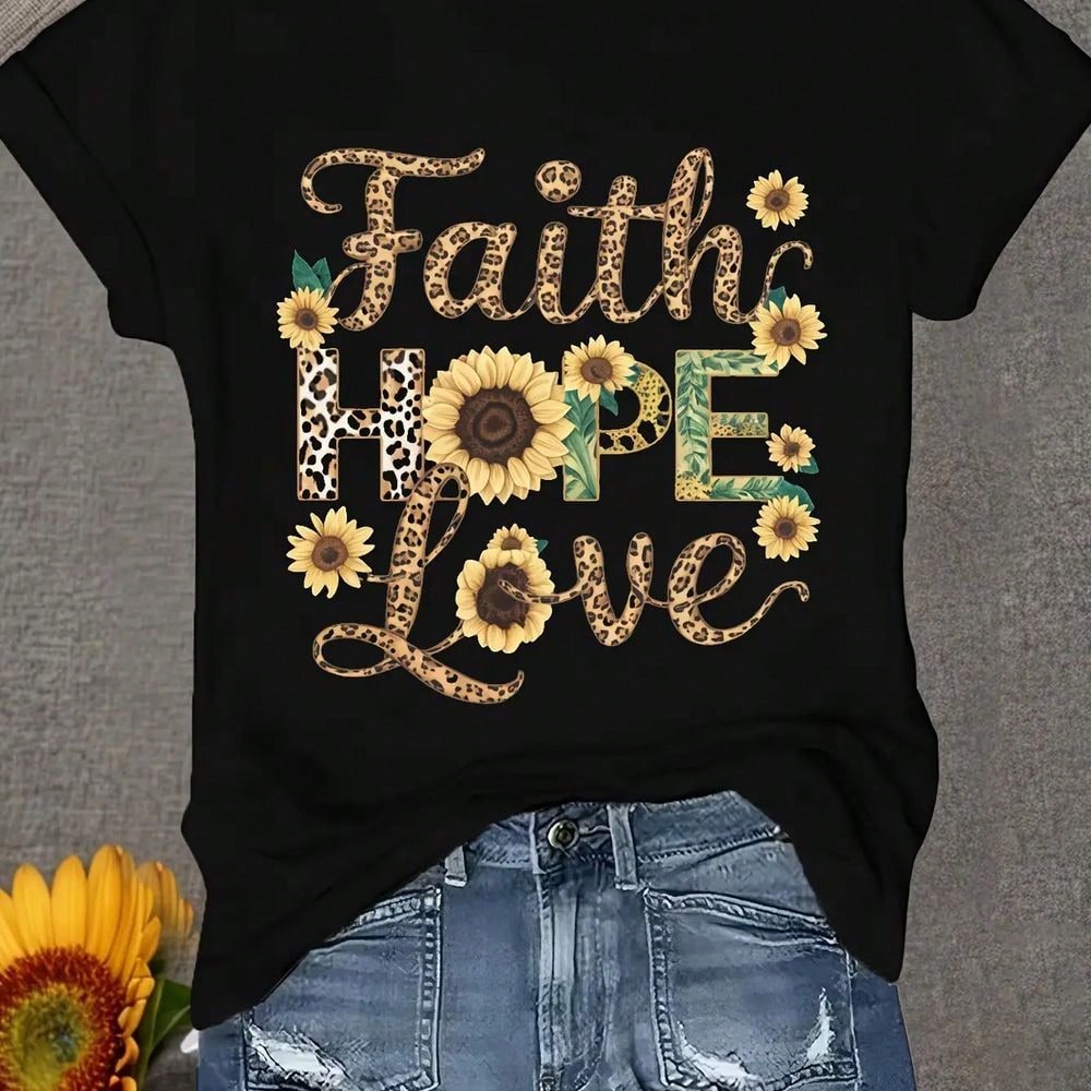 Women's Plus Size Casual Round Neck Long Sleeve T-Shirt With Leopard Print And Sunflower Faith Hope Love Graphic For Fall Fashion