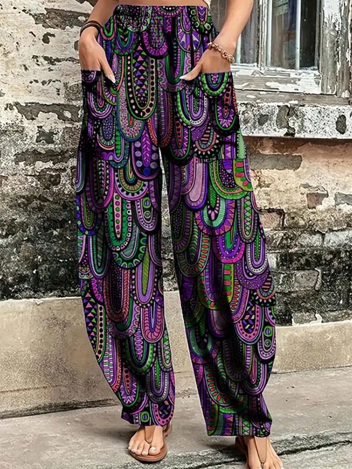 Women's Woven Fabric Harem Lantern Pants, Vibrant Printed Pattern, Long Leg Loose Fit Trousers Spring