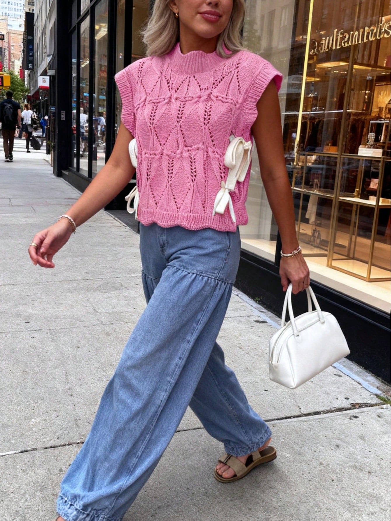 Women's Y2K Solid Color Sweater Vest With Bow Tie, Casual Lace-Up Tube Top Knitted Pullover, Hollow Out Loose Aesthetic Camisole Elegant Summer