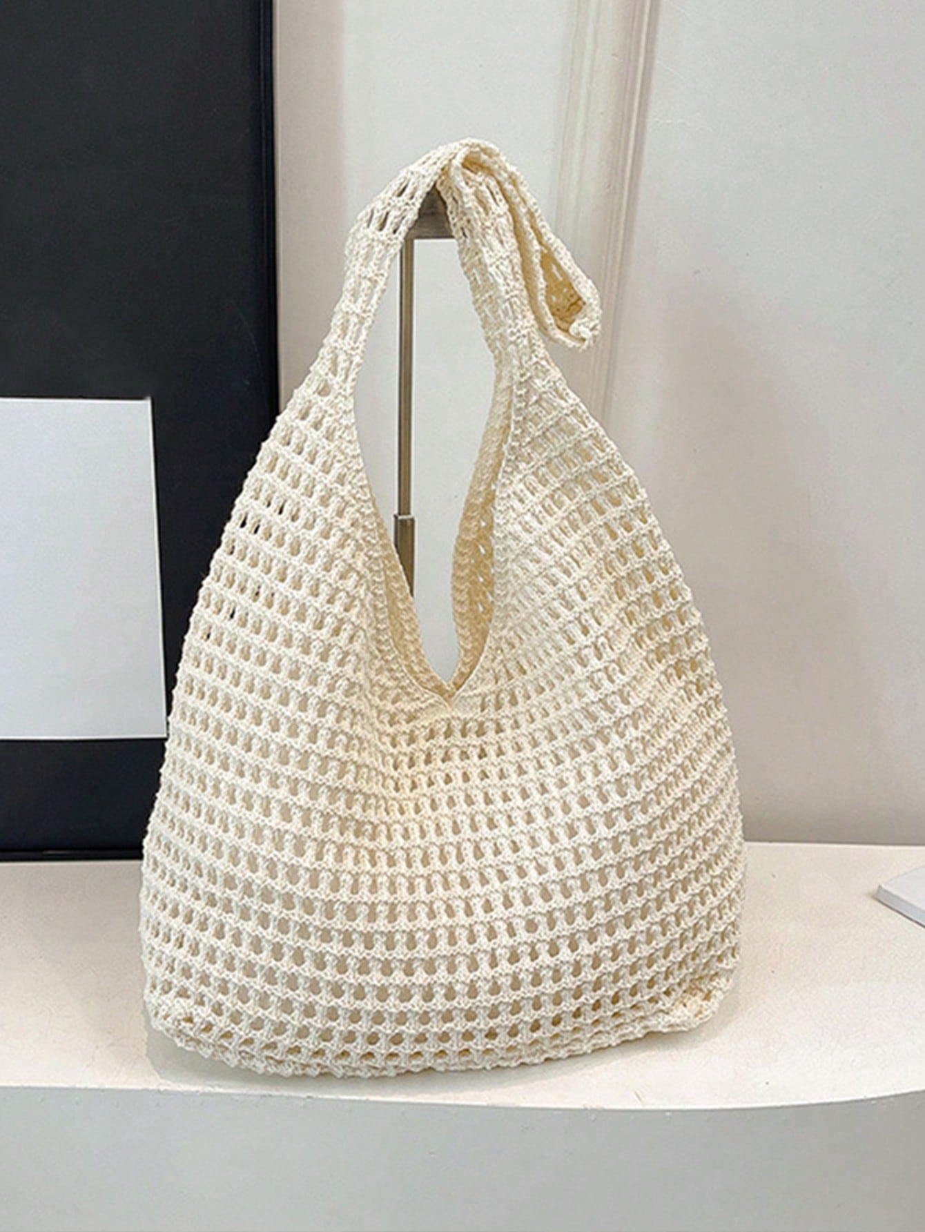 Yogodlns Women's Aesthetic Crochet Beach Shopper Tote Knitted Net Underarm Bag For Summer Versatile Shoulder Bag Women's Shoulder Bags Casual,Straw Bag