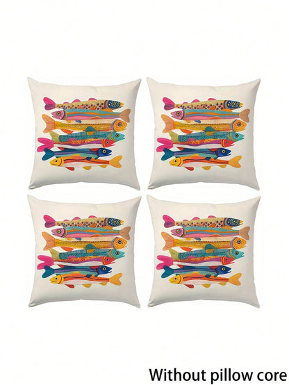 1/2/4pcs Colorful Sardine Fish Illustration Pillow Cover, 100% Polyester Peach Skin Fabric, Single-Sided Printed Decorative Sofa Chair Home Decor Cushion Cover