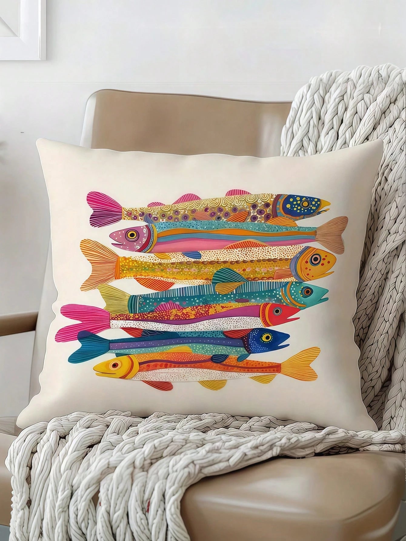 1/2/4pcs Colorful Sardine Fish Illustration Pillow Cover, 100% Polyester Peach Skin Fabric, Single-Sided Printed Decorative Sofa Chair Home Decor Cushion Cover