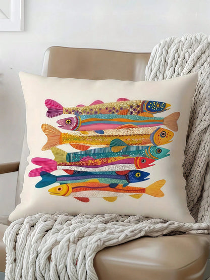 1/2/4pcs Colorful Sardine Fish Illustration Pillow Cover, 100% Polyester Peach Skin Fabric, Single-Sided Printed Decorative Sofa Chair Home Decor Cushion Cover