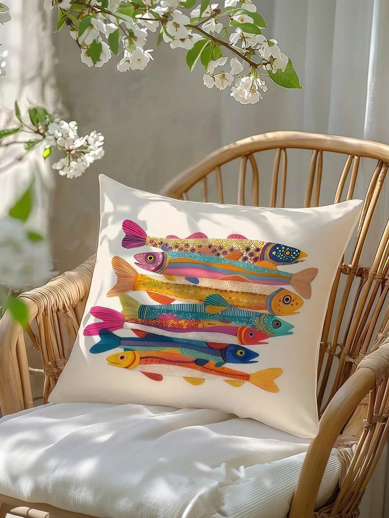 1/2/4pcs Colorful Sardine Fish Illustration Pillow Cover, 100% Polyester Peach Skin Fabric, Single-Sided Printed Decorative Sofa Chair Home Decor Cushion Cover