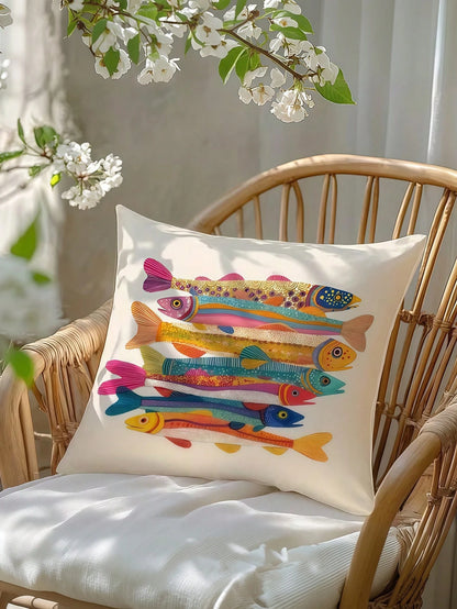 1/2/4pcs Colorful Sardine Fish Illustration Pillow Cover, 100% Polyester Peach Skin Fabric, Single-Sided Printed Decorative Sofa Chair Home Decor Cushion Cover