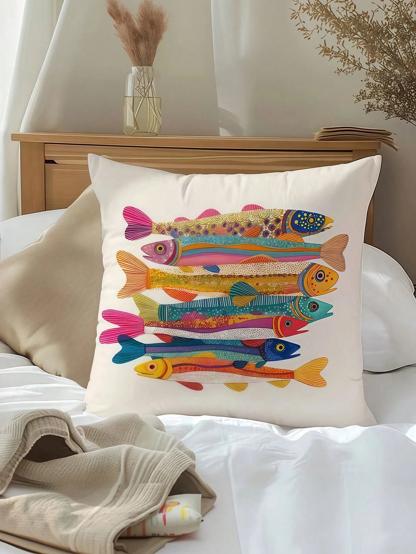 1/2/4pcs Colorful Sardine Fish Illustration Pillow Cover, 100% Polyester Peach Skin Fabric, Single-Sided Printed Decorative Sofa Chair Home Decor Cushion Cover