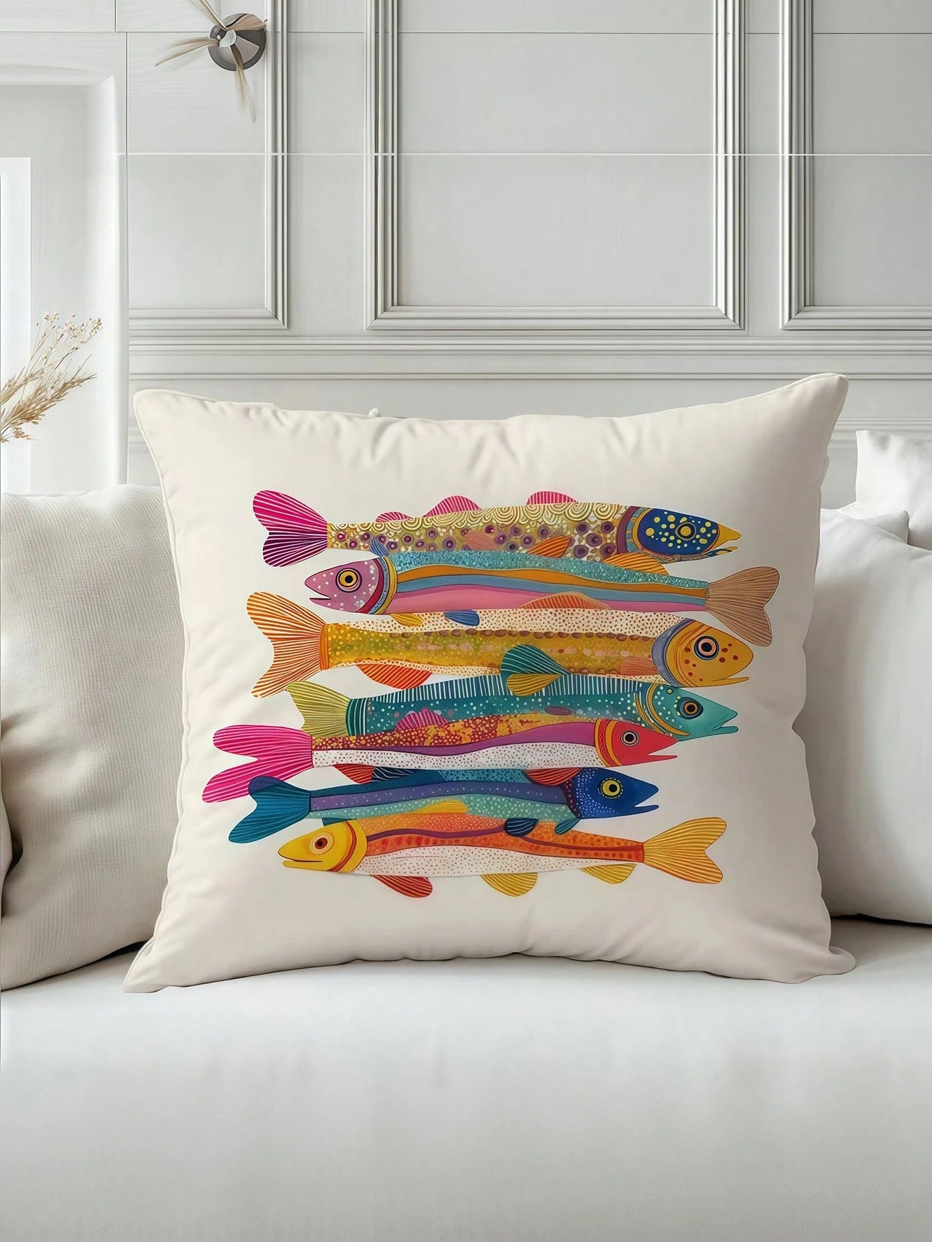 1/2/4pcs Colorful Sardine Fish Illustration Pillow Cover, 100% Polyester Peach Skin Fabric, Single-Sided Printed Decorative Sofa Chair Home Decor Cushion Cover