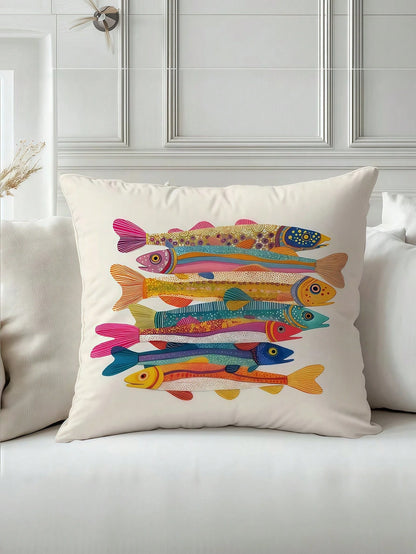 1/2/4pcs Colorful Sardine Fish Illustration Pillow Cover, 100% Polyester Peach Skin Fabric, Single-Sided Printed Decorative Sofa Chair Home Decor Cushion Cover