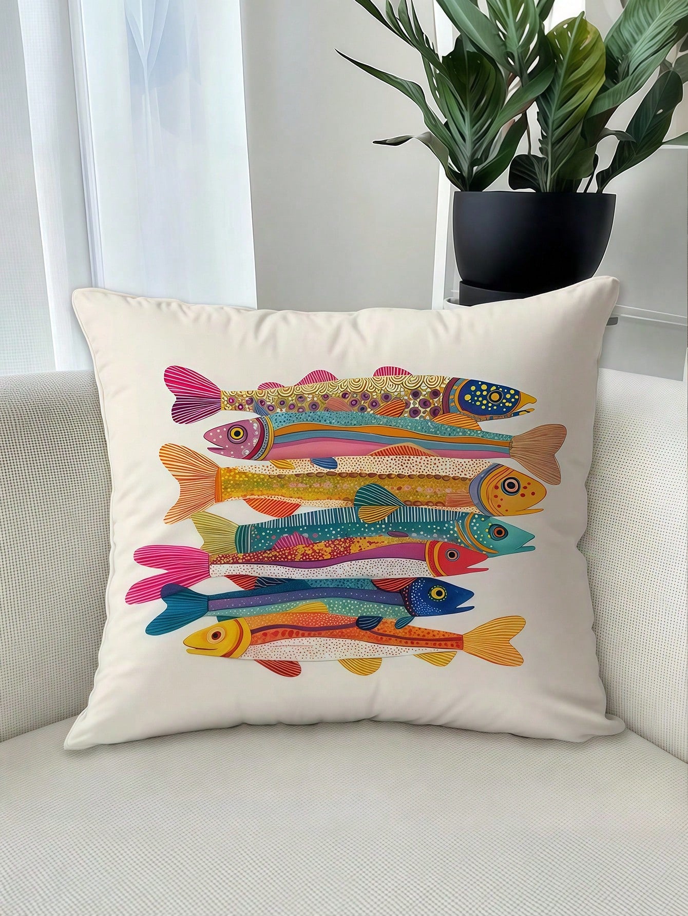 1/2/4pcs Colorful Sardine Fish Illustration Pillow Cover, 100% Polyester Peach Skin Fabric, Single-Sided Printed Decorative Sofa Chair Home Decor Cushion Cover