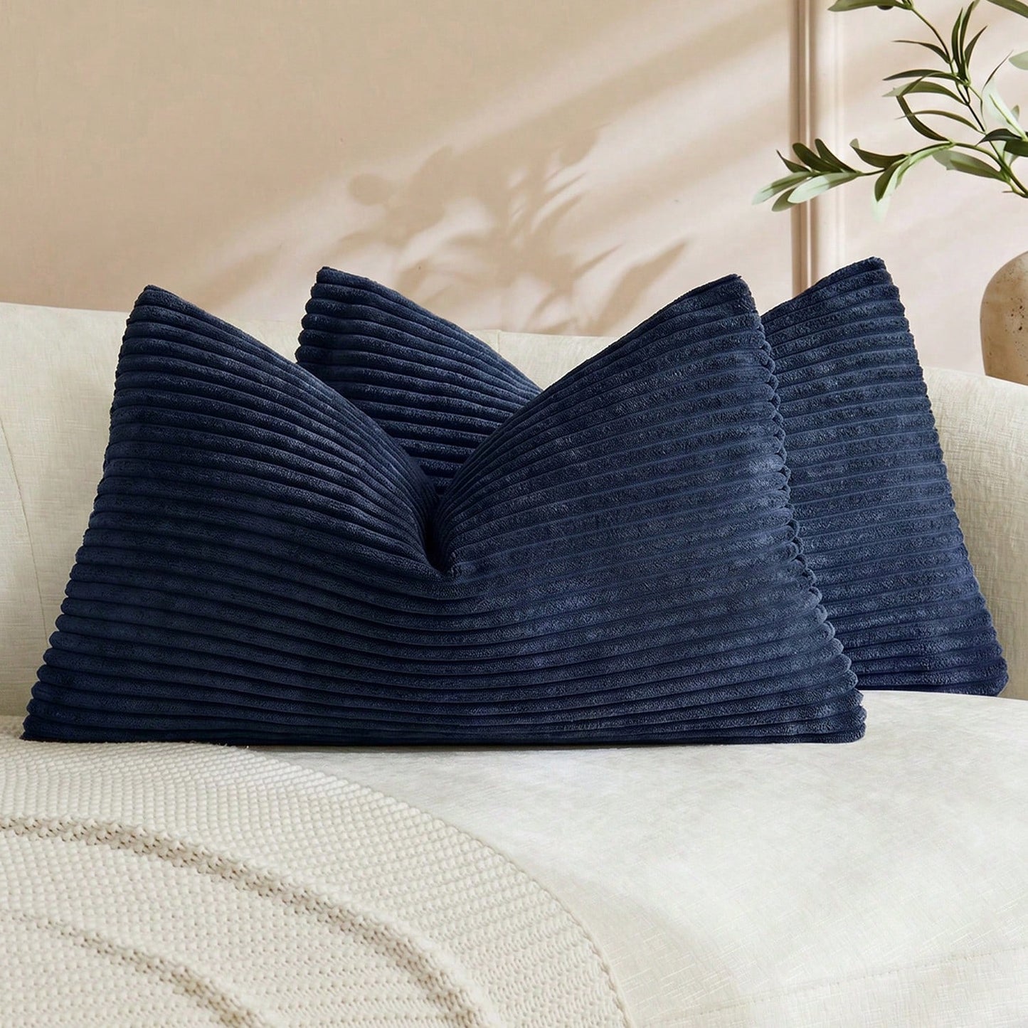 1/2pcs Decorative Pillow Case Cover Set, Navy Blue Corduroy Stripe Pattern, Suitable For Sofa, Living Room, Office Decor