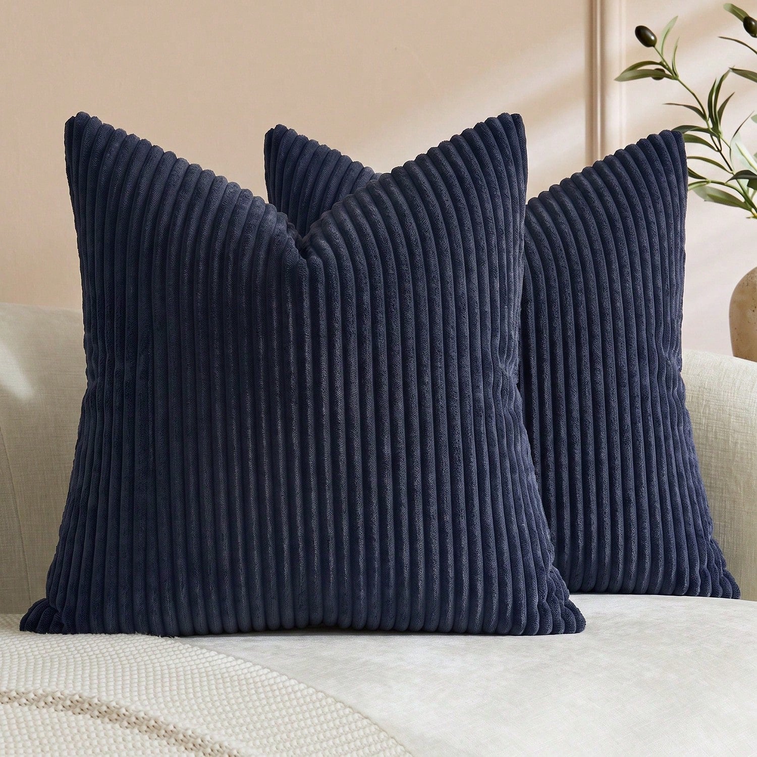 1/2pcs Decorative Pillow Case Cover Set, Navy Blue Corduroy Stripe Pattern, Suitable For Sofa, Living Room, Office Decor