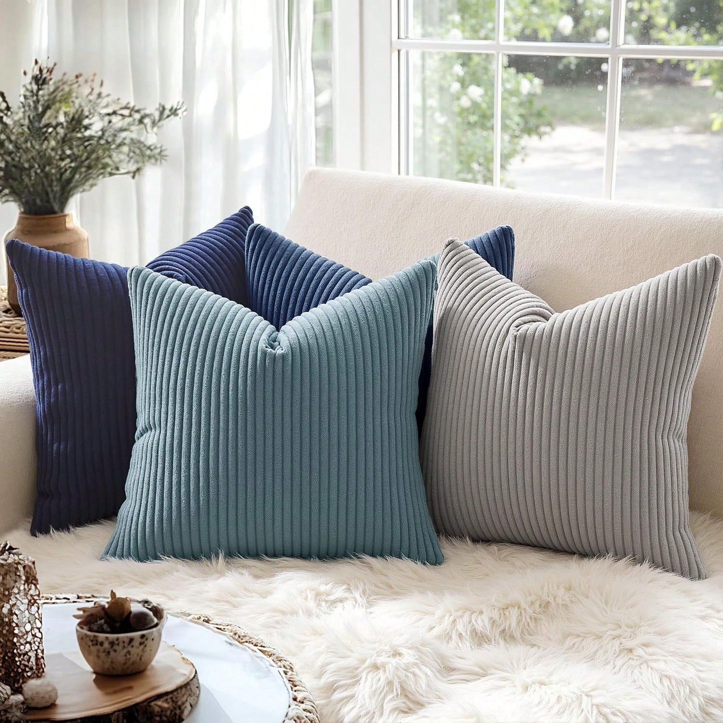 1/2pcs Decorative Pillow Case Cover Set, Navy Blue Corduroy Stripe Pattern, Suitable For Sofa, Living Room, Office Decor
