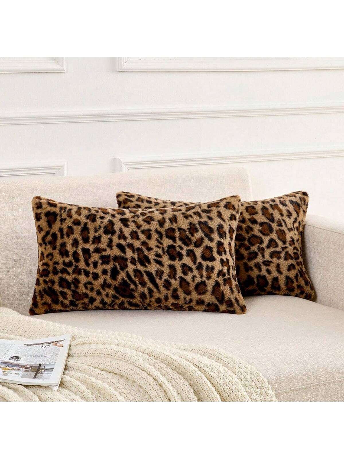 1/2pcs Farmhouse Leopard Print Pillowcase, Fashionable Faux Fur Rectangular Double-Sided Pillowcase, Leopard Print Sofa Cushion Cover, Home Decor (Pillow Insert Not Included)