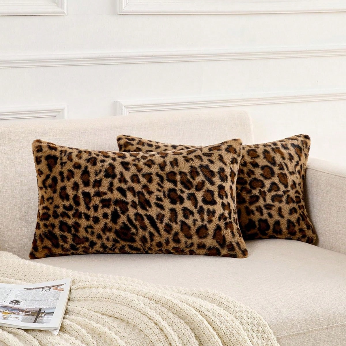 1/2pcs Farmhouse Leopard Print Pillowcase, Fashionable Faux Fur Rectangular Double-Sided Pillowcase, Leopard Print Sofa Cushion Cover, Home Decor (Pillow Insert Not Included)