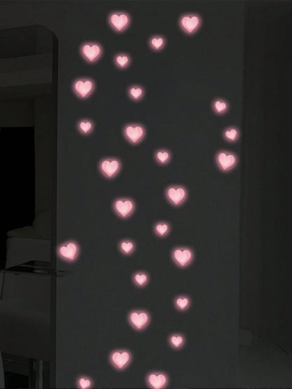 1/2pcs Glow-In-The-Dark Pink Heart Wall Stickers, Self-Adhesive Pastel Decorative Vinyl Rooms And Cozy Home Decor, Heart Bedroom Decor, Aesthetic Room