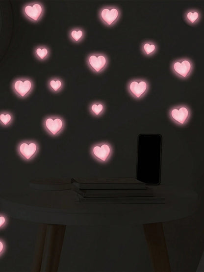 1/2pcs Glow-In-The-Dark Pink Heart Wall Stickers, Self-Adhesive Pastel Decorative Vinyl Rooms And Cozy Home Decor, Heart Bedroom Decor, Aesthetic Room