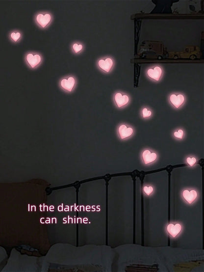 1/2pcs Glow-In-The-Dark Pink Heart Wall Stickers, Self-Adhesive Pastel Decorative Vinyl Rooms And Cozy Home Decor, Heart Bedroom Decor, Aesthetic Room