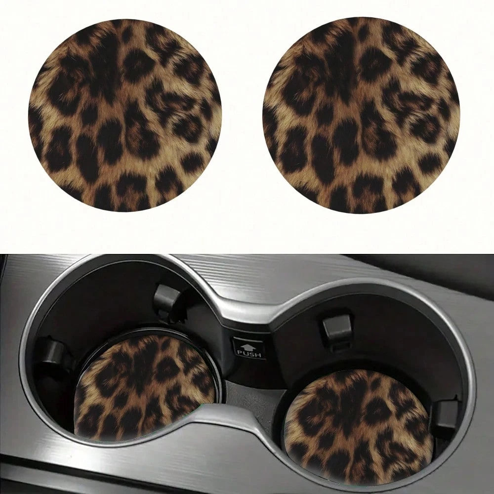 1/2pcs Leopard Print Car Cup Holder Set- Vehicle Drink Coasters, Sturdy Cup Mats| Ideal For Home Kitchen Decor| Car Interior Accessories| Household Cup Mats| Premium Holiday Gift
