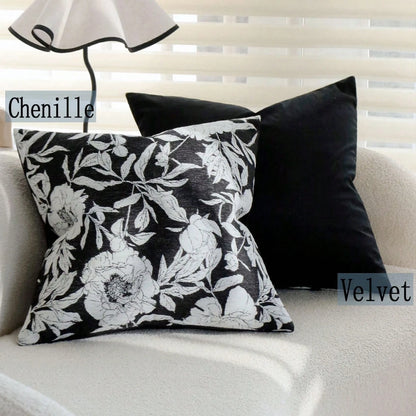 1/2pcs Modern Vintage Black & White Peony Jacquard Pillow Case 45x45cm, Ultra Soft Chenille & Velvet Decorative Pillow Cover, Suitable For Living Room Sofa Bed, Luxury Textured Home Decor, Pillow Inse