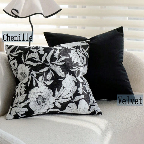 1/2pcs Modern Vintage Black & White Peony Jacquard Pillow Case 45x45cm, Ultra Soft Chenille & Velvet Decorative Pillow Cover, Suitable For Living Room Sofa Bed, Luxury Textured Home Decor, Pillow Inse