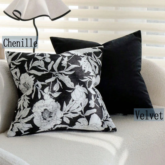 1/2pcs Modern Vintage Black & White Peony Jacquard Pillow Case 45x45cm, Ultra Soft Chenille & Velvet Decorative Pillow Cover, Suitable For Living Room Sofa Bed, Luxury Textured Home Decor, Pillow Inse
