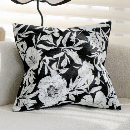 1/2pcs Modern Vintage Black & White Peony Jacquard Pillow Case 45x45cm, Ultra Soft Chenille & Velvet Decorative Pillow Cover, Suitable For Living Room Sofa Bed, Luxury Textured Home Decor, Pillow Inse