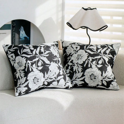 1/2pcs Modern Vintage Black & White Peony Jacquard Pillow Case 45x45cm, Ultra Soft Chenille & Velvet Decorative Pillow Cover, Suitable For Living Room Sofa Bed, Luxury Textured Home Decor, Pillow Inse