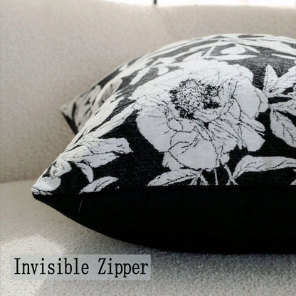 1/2pcs Modern Vintage Black & White Peony Jacquard Pillow Case 45x45cm, Ultra Soft Chenille & Velvet Decorative Pillow Cover, Suitable For Living Room Sofa Bed, Luxury Textured Home Decor, Pillow Inse