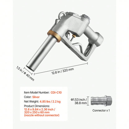 1.5 Inch Barb Automatic Fuel Nozzle With Swivel, Max Flow Rate 37 GPM, Auto Shut Off Diesel Gas Pump Nozzle With 3-Speed Trigger Lock & 1.5 Inch (OD=40 Mm) Spout For Gasoline, Diesel, Kerosene