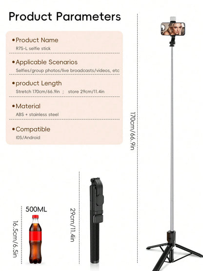 1.7m Wireless Bluetooth Selfie Stick Tripod, Extendable Selfie Stick, Handheld/Floor Stand/Desktop Mode, With LED Fill Light, Wireless Remote 360° Rotating Phone Holder, Compatible With IPhone And And