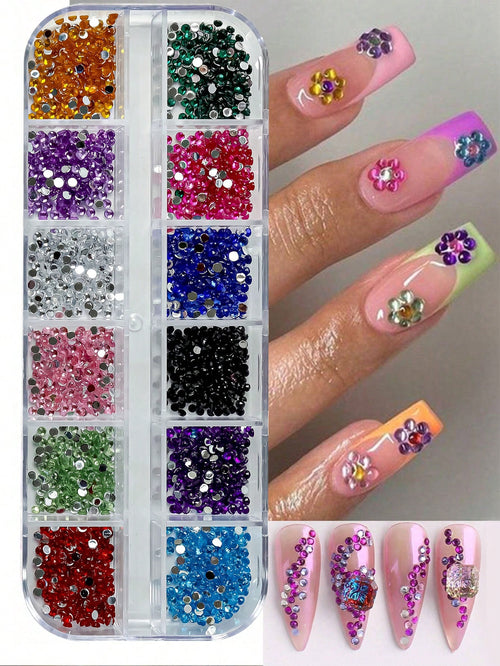 1 Box 12 Compartments Colorful Y2K Aesthetic Nail Rhinestones, Flat Resin Glitter DIY Nail Jewelry Nail Gems Nail Supplies Nails Nail Charms