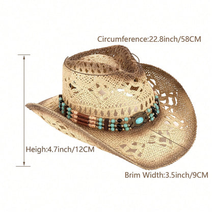 1 Hat And 2 Decorations Unisex Bead Decor Cowgirl Hat Hollow Out Summer Travel Shade Cowboy Hat Dyeing Wide Brim Printed Breathable With Beaded Trim Band Hand Woven Beach Hat Fedora Sun Hat Straw Hat