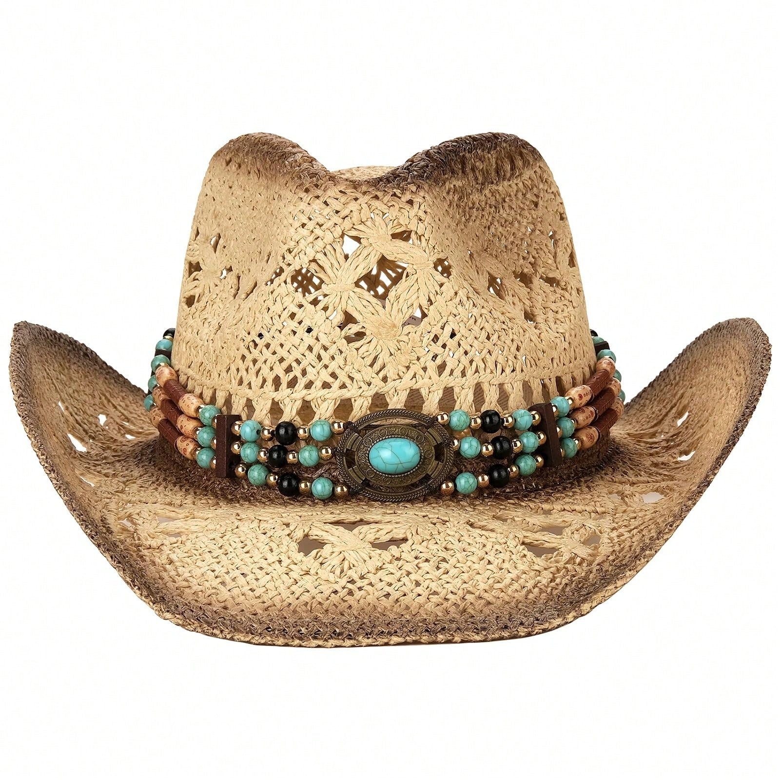 1 Hat And 2 Decorations Unisex Bead Decor Cowgirl Hat Hollow Out Summer Travel Shade Cowboy Hat Dyeing Wide Brim Printed Breathable With Beaded Trim Band Hand Woven Beach Hat Fedora Sun Hat Straw Hat