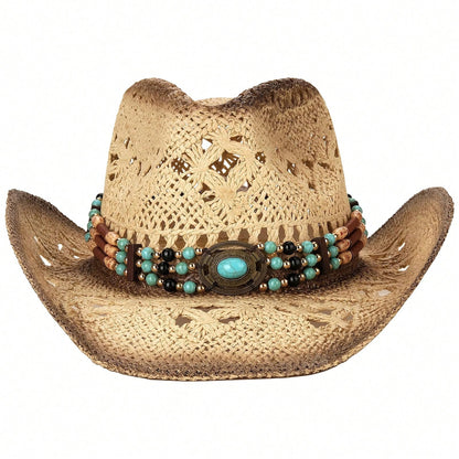 1 Hat And 2 Decorations Unisex Bead Decor Cowgirl Hat Hollow Out Summer Travel Shade Cowboy Hat Dyeing Wide Brim Printed Breathable With Beaded Trim Band Hand Woven Beach Hat Fedora Sun Hat Straw Hat