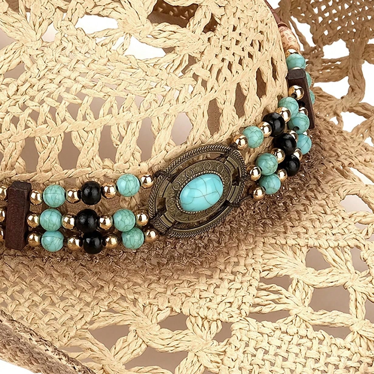 1 Hat And 2 Decorations Unisex Bead Decor Cowgirl Hat Hollow Out Summer Travel Shade Cowboy Hat Dyeing Wide Brim Printed Breathable With Beaded Trim Band Hand Woven Beach Hat Fedora Sun Hat Straw Hat