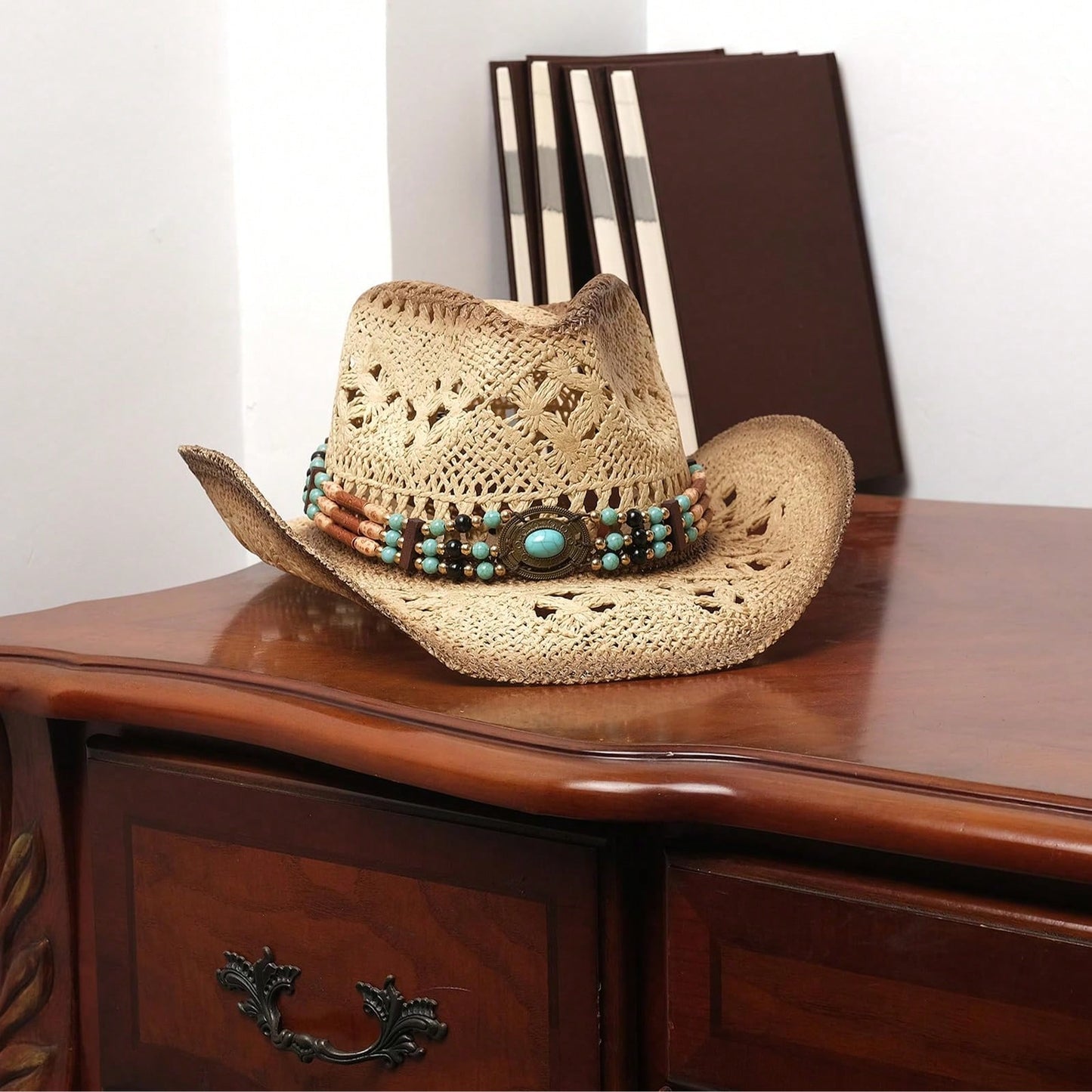 1 Hat And 2 Decorations Unisex Bead Decor Cowgirl Hat Hollow Out Summer Travel Shade Cowboy Hat Dyeing Wide Brim Printed Breathable With Beaded Trim Band Hand Woven Beach Hat Fedora Sun Hat Straw Hat