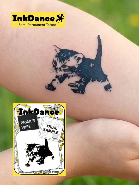 1 Kit "Black Cat" New Technology Tattoo Sticker, Semi-Permanent, Kitten, Cute, Temporary Tattoo, Fake Tattoo, Waterproof & Long-Lasting Realistic Design, Plant-Based Formula, InkDance, Ink Dance, Gift