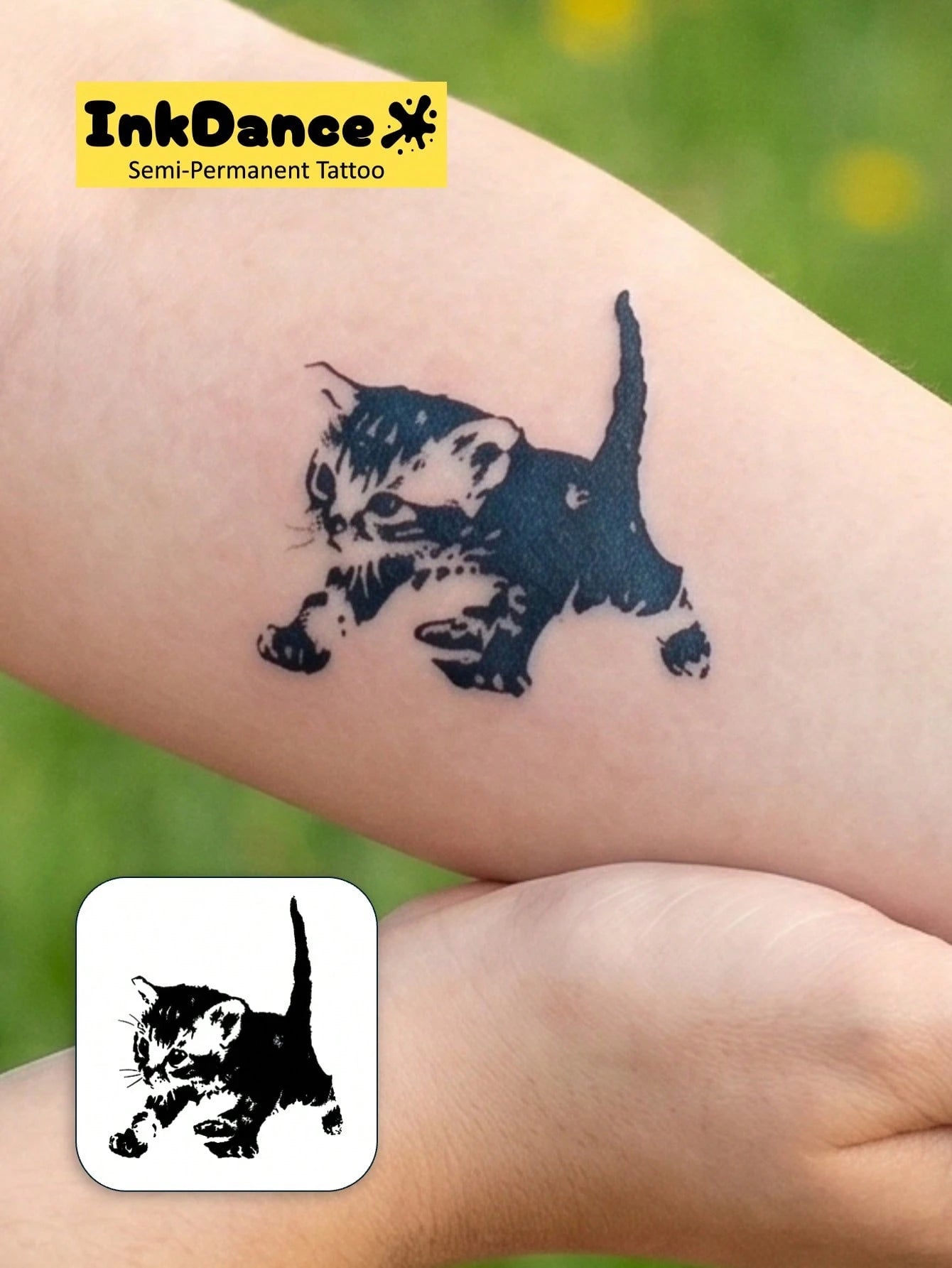 1 Kit "Black Cat" New Technology Tattoo Sticker, Semi-Permanent, Kitten, Cute, Temporary Tattoo, Fake Tattoo, Waterproof & Long-Lasting Realistic Design, Plant-Based Formula, InkDance, Ink Dance, Gift