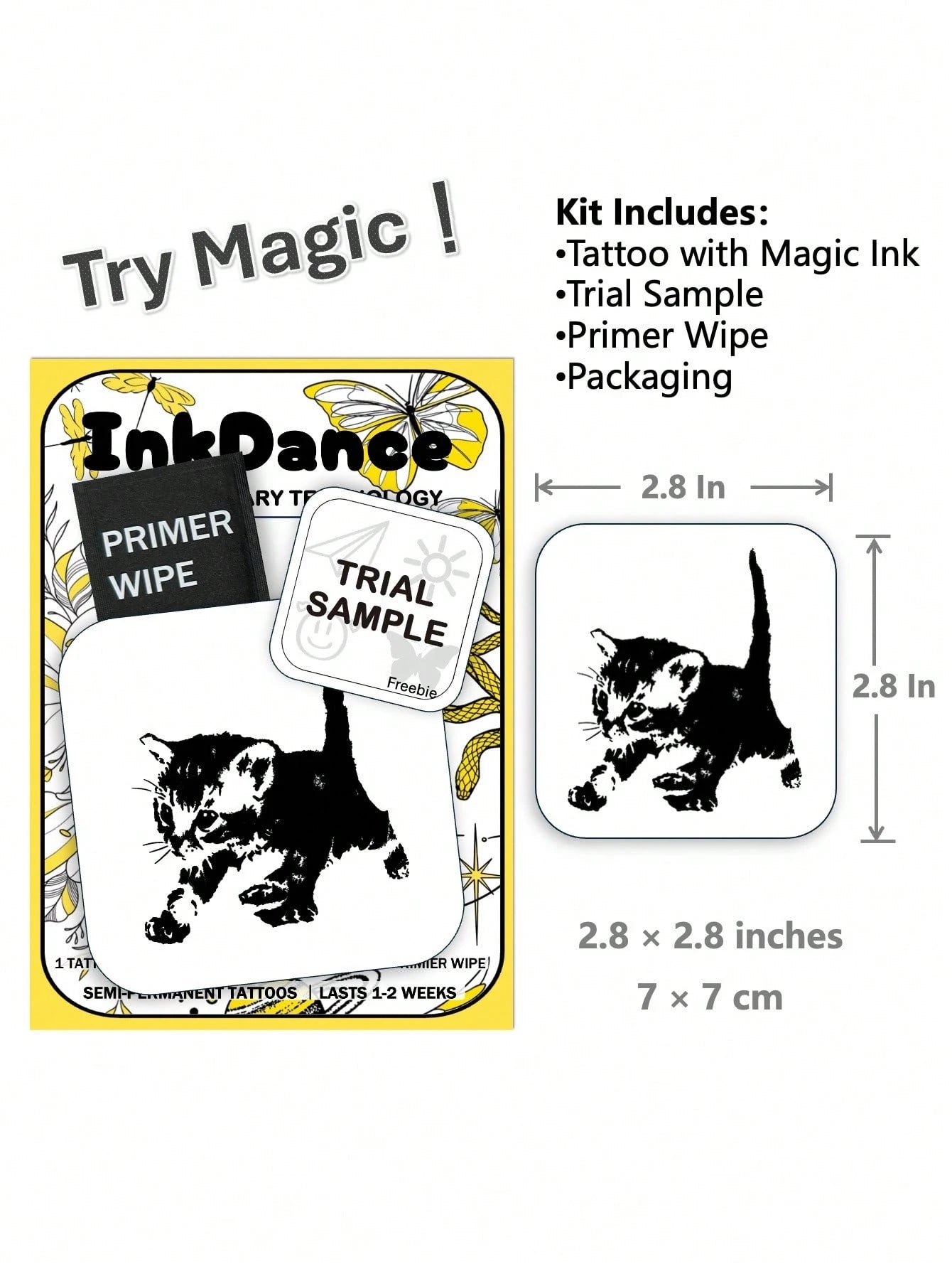 1 Kit "Black Cat" New Technology Tattoo Sticker, Semi-Permanent, Kitten, Cute, Temporary Tattoo, Fake Tattoo, Waterproof & Long-Lasting Realistic Design, Plant-Based Formula, InkDance, Ink Dance, Gift