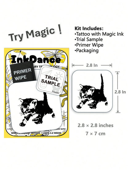 1 Kit "Black Cat" New Technology Tattoo Sticker, Semi-Permanent, Kitten, Cute, Temporary Tattoo, Fake Tattoo, Waterproof & Long-Lasting Realistic Design, Plant-Based Formula, InkDance, Ink Dance, Gift