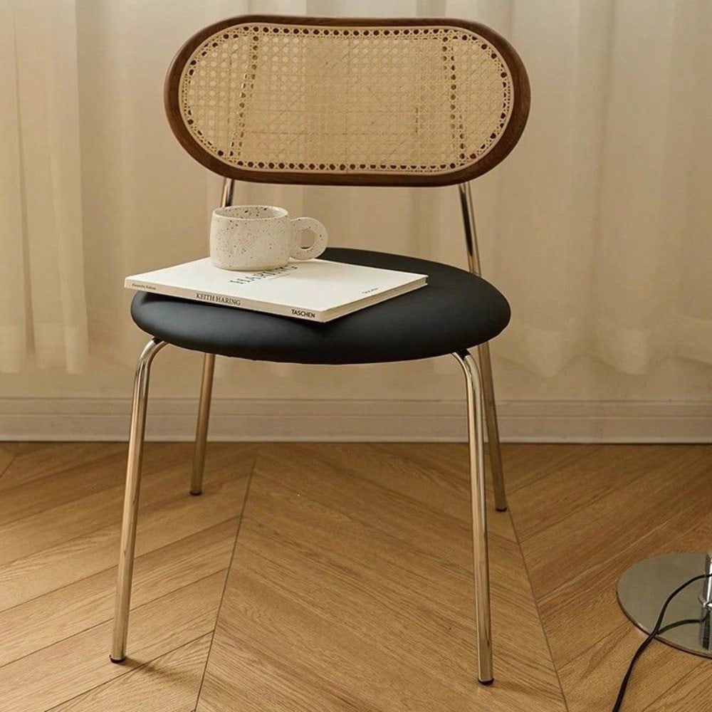 1 Pack Mid-Century Viral Dining Chair, Log Style Backrest Dining Stool, French Vintage Rattan Leisure Chair, Natural Wood & Rattan Craft, Dining Rest & Home Decor, For Dining Room, Balcony & Household