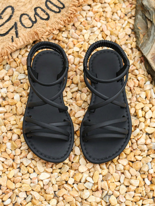 1 Pair Girls' Black Criss-Cross Strap Flat Sandals, Non-Slip Soft Sole Elastic Back Strap, Summer Casual Beach Children's Shoes