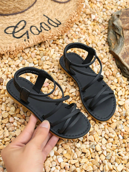 1 Pair Girls' Black Criss-Cross Strap Flat Sandals, Non-Slip Soft Sole Elastic Back Strap, Summer Casual Beach Children's Shoes