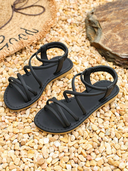 1 Pair Girls' Black Criss-Cross Strap Flat Sandals, Non-Slip Soft Sole Elastic Back Strap, Summer Casual Beach Children's Shoes