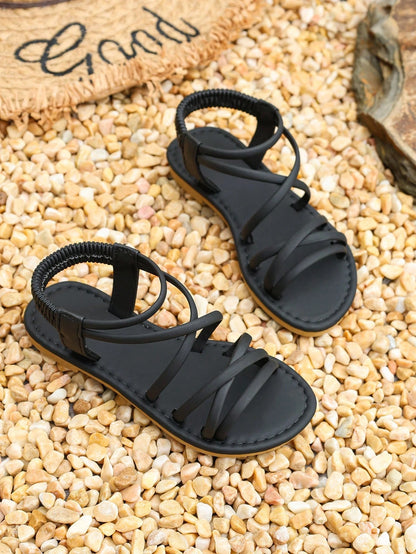 1 Pair Girls' Black Criss-Cross Strap Flat Sandals, Non-Slip Soft Sole Elastic Back Strap, Summer Casual Beach Children's Shoes